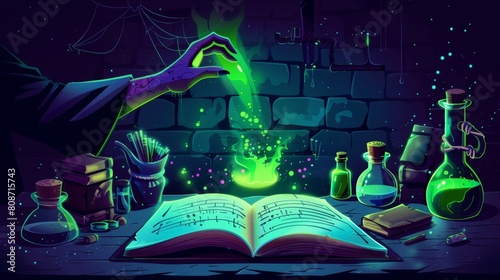 Magic spell book and glowing potion conjure with the hands of a witch. Cartoon game modern of a dark dungeon room with cobwebs and brick walls  ingredients and devices for making poison on a table.