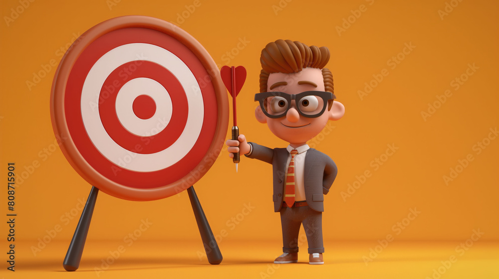 3d character of a business man holding a target arrow while standing next to dartboard on isolated yellow background with space for copy 3d character of a business man holding a target arrow while standing next to dartboard on isolated yellow background with space for copy