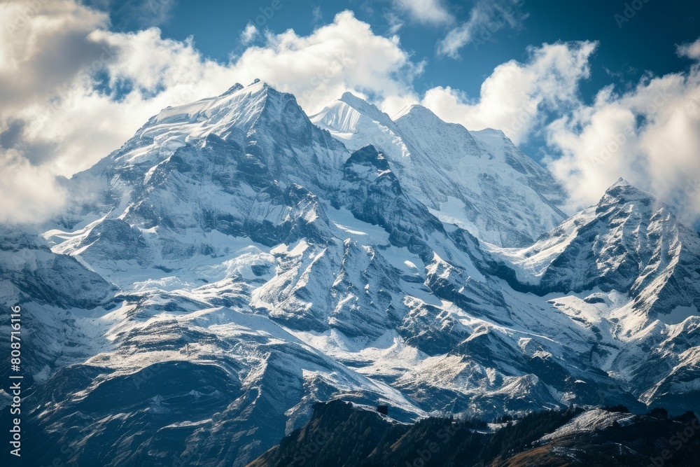 Snow-capped peaks of the Swiss Alps, Panoramic view of snow-capped mountain, Ai generated