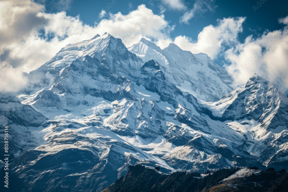 Obraz premium Snow-capped peaks of the Swiss Alps, Panoramic view of snow-capped mountain, Ai generated