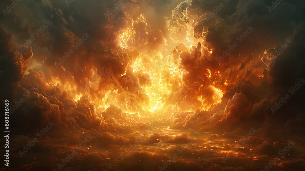 A dramatic scene depicting the horizon set ablaze with amber streaks against a dark stormy sky, creating a symbolic representation of hope and destruction intertwined.