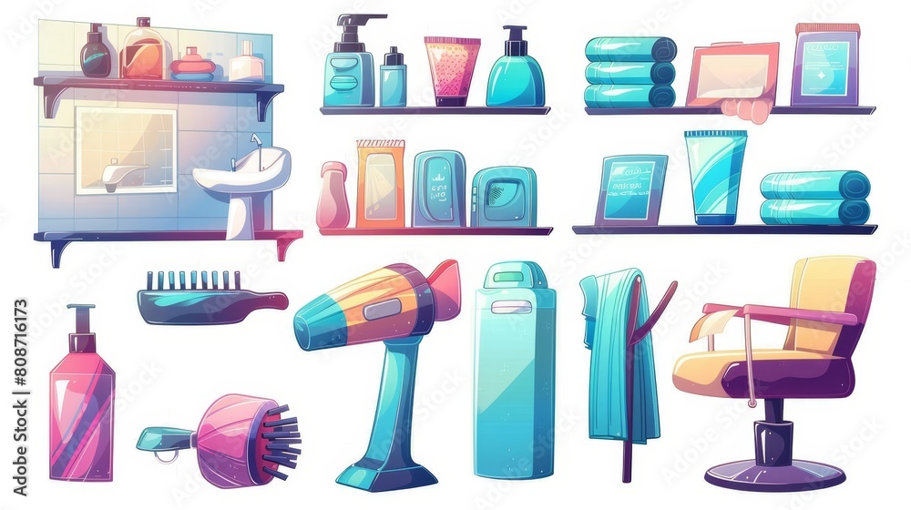 Fototapeta premium The elements of a beauty parlor are isolated on a white background. Modern cartoon illustration of a hairdresser armchair, hair dryer and dye, clean towels on a shelf, shampoo bottle, haircut posters