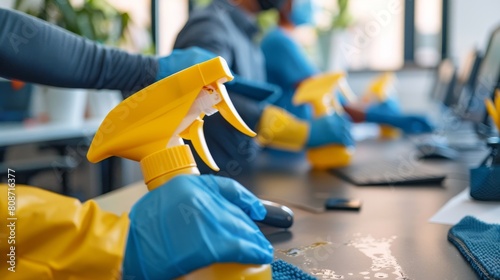 Professional janitorial staff using disinfectant sprays and wipes to clean an office desk photo