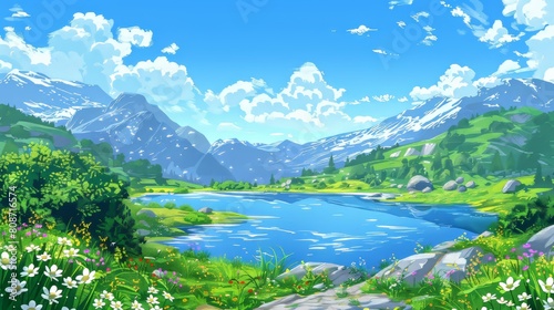 Lake in a spring mountain valley. Modern cartoon illustration of a river flowing between green hills with flowers, bushes, and grass, fluffy clouds above rocky peaks, nice scenery for recreation.