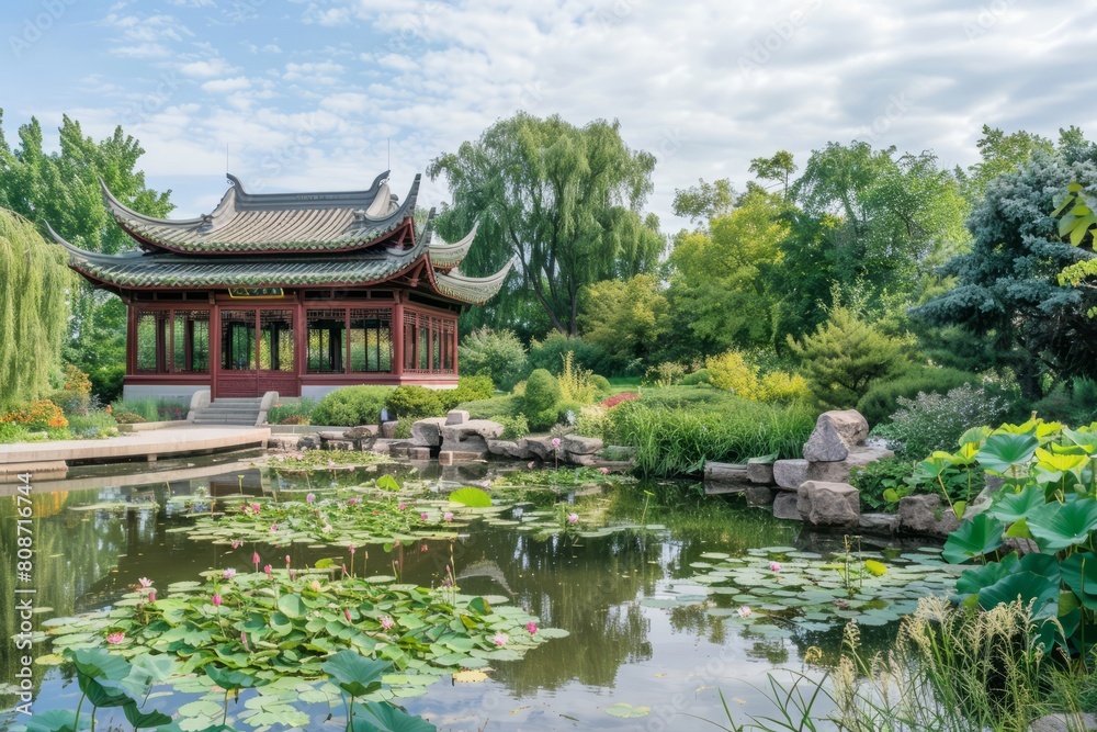A serene Chinese garden with winding paths, pavilions, and lotus ponds, offering a peaceful retreat from the bustling city, Generative AI A serene Chinese garden with winding paths, pavilions, and lotus ponds, offering a peaceful retreat from the bustling city, Generative AI