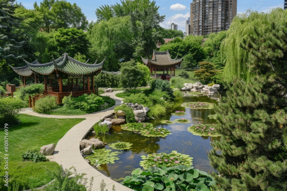 A serene Chinese garden with winding paths, pavilions, and lotus ponds, offering a peaceful retreat from the bustling city, Generative AI A serene Chinese garden with winding paths, pavilions, and lotus ponds, offering a peaceful retreat from the bustling city, Generative AI
