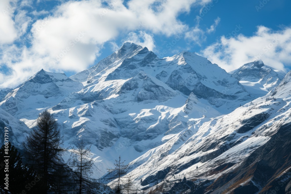 Snow-capped peaks of the Swiss Alps, Panoramic view of snow-capped mountain, Ai generated