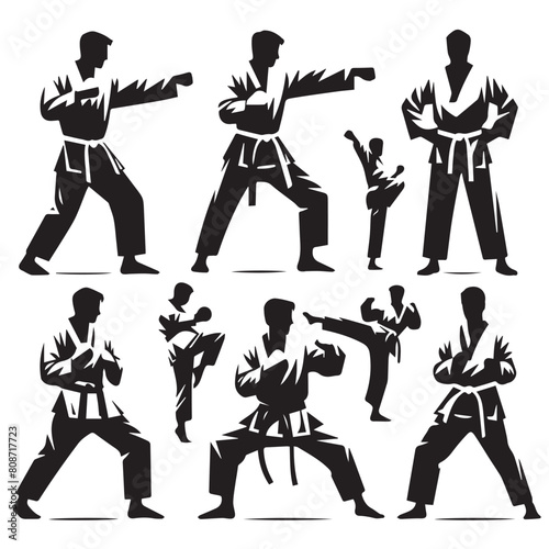 Vector set of people doing taekwondo with silhouette style