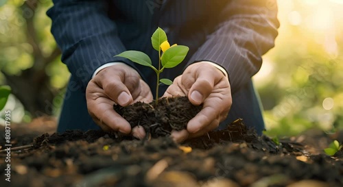 Businessman holds sapling analyzes sustainable investments for environmental protection and green energy. Concept Sustainable Investments, Environmental Protection, Green Energy, Businessman photo