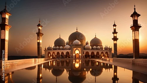 The majestic landscape of the mosque rising above the horizon delights with its beauty and dignity. photo