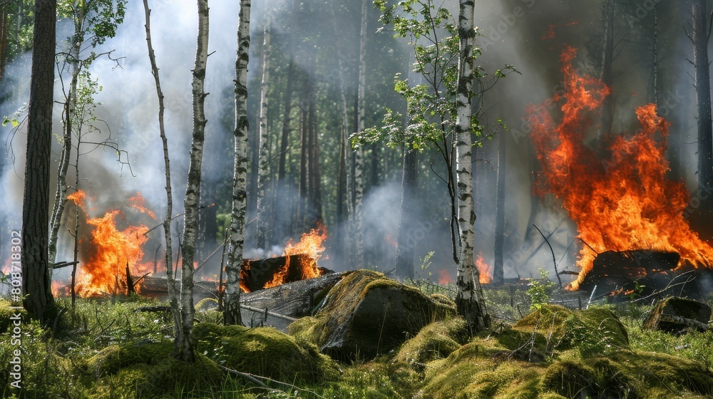Destructive wildfire burning through the forest, with billowing smoke and visible flames in the air Destructive wildfire burning through the forest, with billowing smoke and visible flames in the air