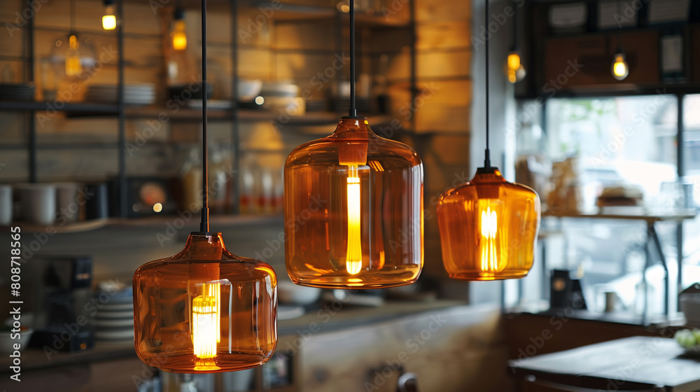 Orange glass pendant lights casting a warm glow in a breakfast nook. Orange glass pendant lights casting a warm glow in a breakfast nook.