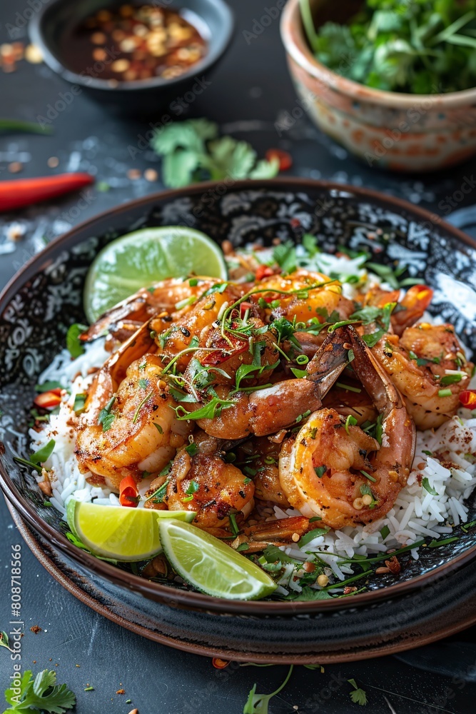 Bowl of Rice With Shrimp on Table Bowl of Rice With Shrimp on Table