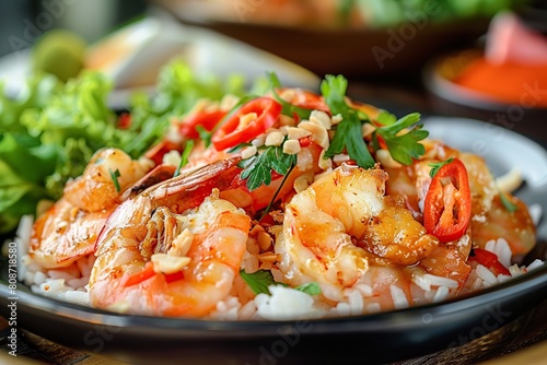 Close Up of a Bowl of Thai Fried Shrimp and Rice on a Table