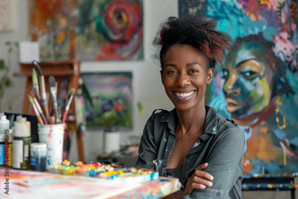 Fototapeta premium Woman Sitting in Front of a Painting on an Easel