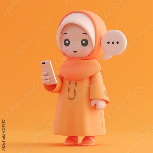 3d Muslim school girl character in hijab chatting on a mobile phone and speech bubble next to her head on isolated orange background with space for copy