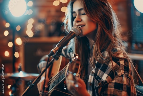 young beautiful teenager playing the guitar and singing photo