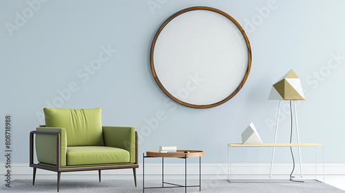 Trendy living space with pea green seating, blue walls, round mirror, and minimalist coffee table. photo