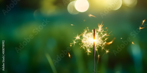 Close-up of green holiday sparkler on green grass field in the dark bokeh background.