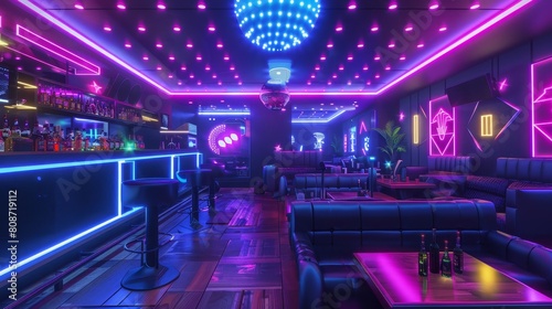 Interior of a nightclub with DJ stand  loudspeakers  dance floor  tables with glasses of drinks and bottles  chairs  sofas  neon signs  and a disco bar ball on the ceiling.