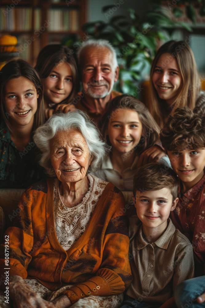 A happy multigenerational family poses for a group photo while sitting on the sofa in their living room, smiling at the camera.