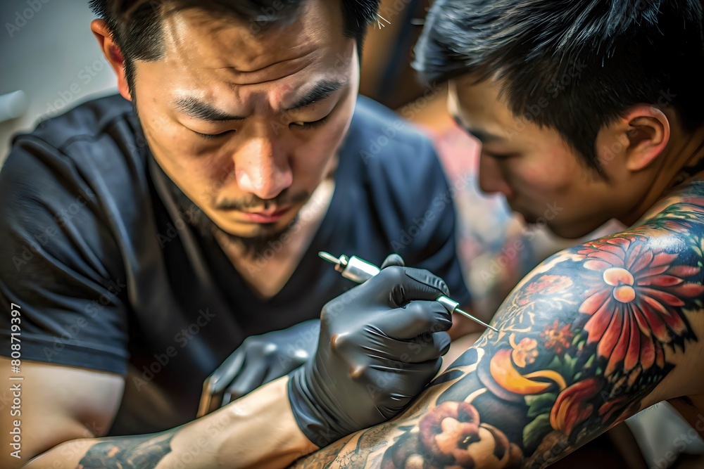 Obraz premium man getting tattoo from asian artist