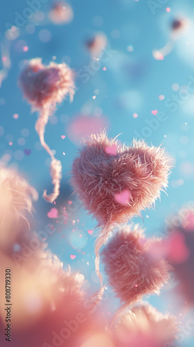 Pink hearts with a fur texture fly in the sky against a blue background, creating a bright, colorful, and cute fantasy art style.