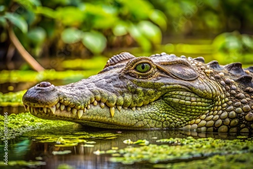 a crocodile emerge in murky swamp water