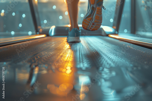 Legs are seen running on a treadmill in a fitness club  with sunlight streaming through the window.