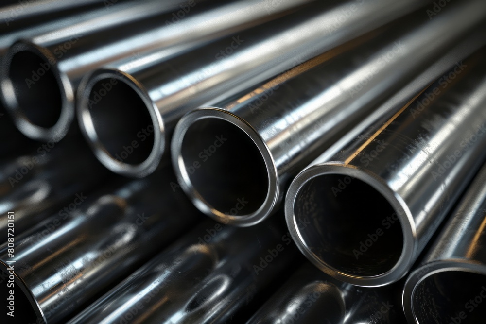 Steel pipes, stacked in rows and overlapping, are focused on their shiny surface and clean appearance against a dark background to highlight the metallic texture. Steel pipes, stacked in rows and overlapping, are focused on their shiny surface and clean appearance against a dark background to highlight the metallic texture.