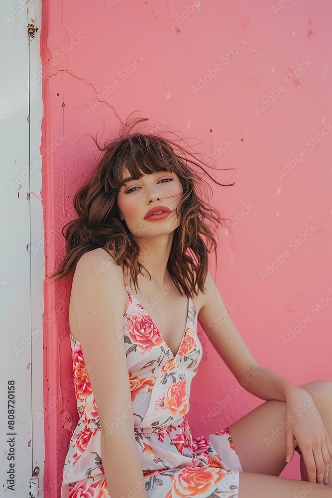 Fototapeta premium Woman Sitting Against Pink Wall