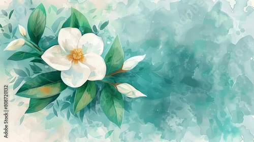 Painted with care, the Jasmine flower flourishes in watercolor, its fragrant blooms and delicate tendrils swirling in a dance of light and shadow, a symbol of purity and devotion. © BlockAI