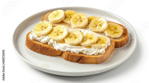 Die cut a plate of banana toast with cream isolated on white background for sweet dessert, food, cafe, restaurant, menu, recipe, cuisine, food delivery, lunch, brunch, dinner, baking book, vegan