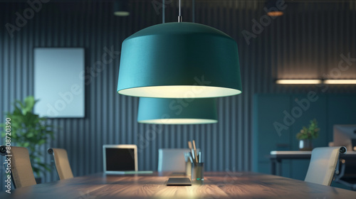 A trendy office table accented by a matte teal pendant light. © Irfan
