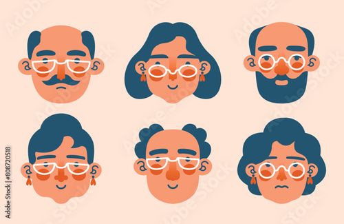 Old people cartoon avatars set. Isolated vector illustration of diverse senior characters. Cute portraits of old men and women in eyeglasses with different emotions. For card, banner, stickers, badges © renberrry