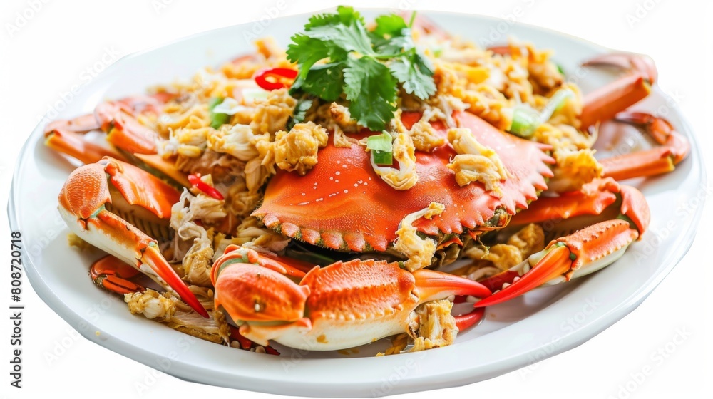 Die cut a plate of crabmeat in a yellow chilli isolated on white background for street food, restaurant, seafood, menu,