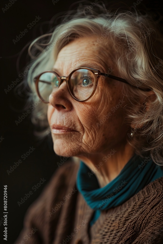 Older Woman Wearing Glasses Looking Into Distance Older Woman Wearing Glasses Looking Into Distance