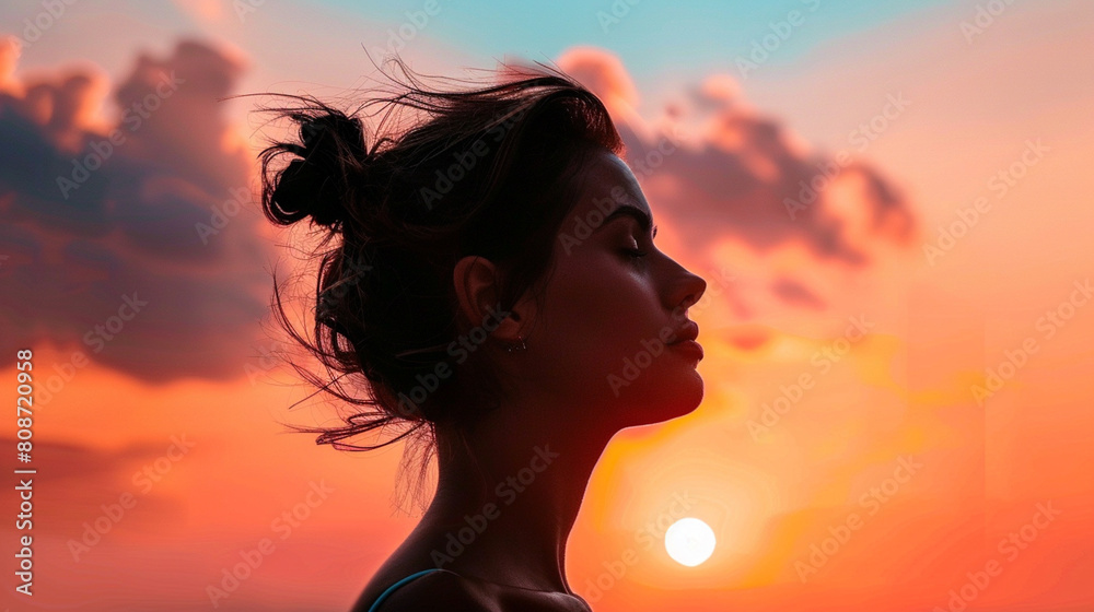 A woman with her hair in a bun is looking at the sun A woman with her hair in a bun is looking at the sun