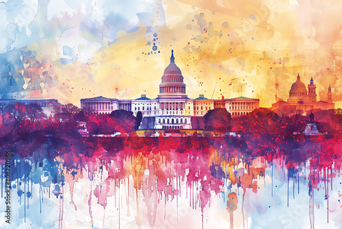 Iconic landmarks like the Statue of Liberty and the capitol building in the background. Capture the essence of patriotism and unity through vivid colors and dynamic composition.