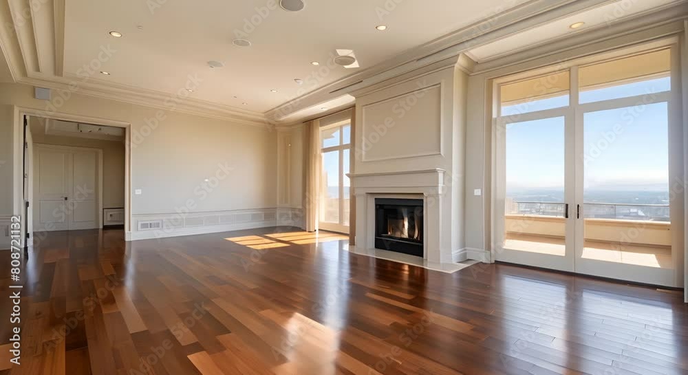 Luxurious living room with hardwood floors fireplace and large windows with view. Concept Luxury Interiors, Hardwood Floors, Fireplace Design, Large Windows, Interior Views Luxurious living room with hardwood floors fireplace and large windows with view. Concept Luxury Interiors, Hardwood Floors, Fireplace Design, Large Windows, Interior Views