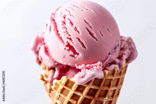Macro shot of a single scoop of frosty strawberry ice cream, melting slightly in a crisp waffle cone