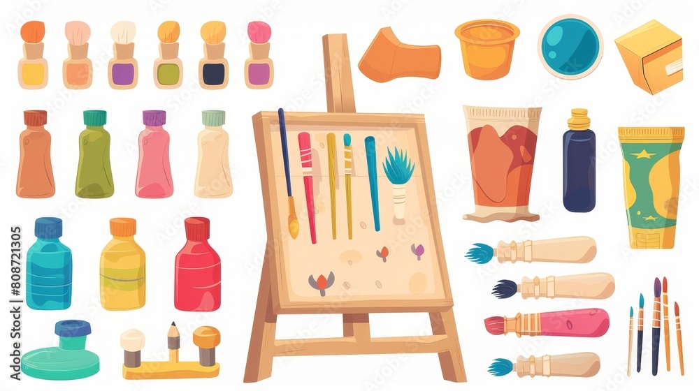 An empty wooden easel, brushes, pencils, tubes and bottles with paint are shown in this cartoon modern set of creative supplies and accessories.