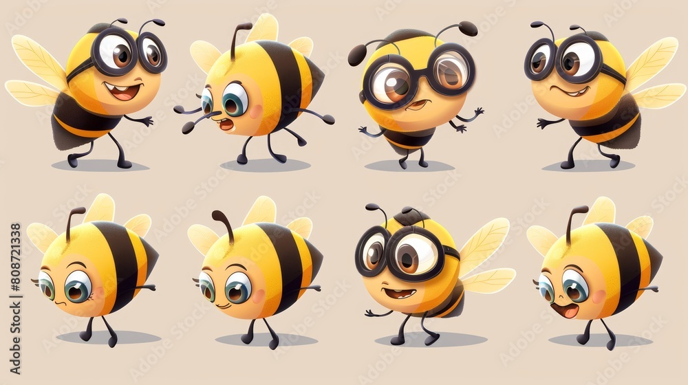 Angry and surprised honeybee character in glasses. Cartoon modern set of baby honeybee character with different emotions and poses. Angry and surprised honeybee character in glasses. Cartoon modern set of baby honeybee character with different emotions and poses.