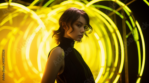 A woman stands in front of a yellow wall with neon lights