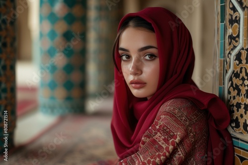 Radiant Beautiful Saudi girl sitting in studio armchair. Arabian female model in silk traditional clothes. Generate ai photo