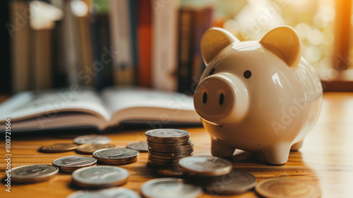 A white piggy bank sits on a table with a pile of coins