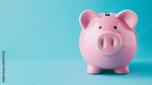 A pink piggy bank sits on a blue background