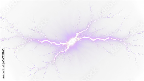 Purple lightning bolt strike set. Thunderstorm light effect  on transparent background