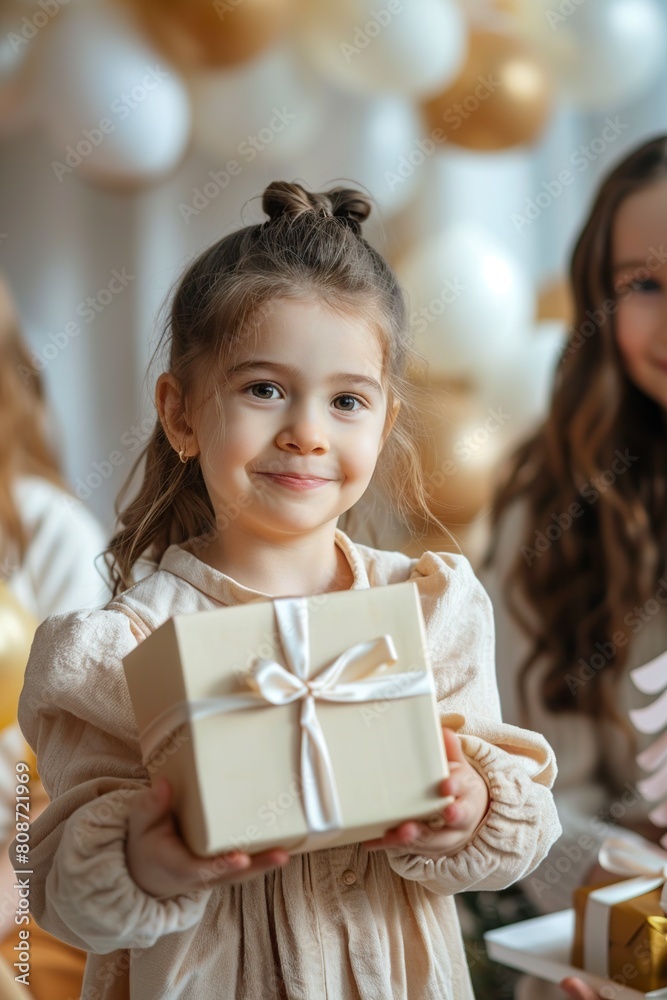 Little Girl Holding Present in Front of Balloons Little Girl Holding Present in Front of Balloons