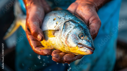 .A detailed shot of a fisherman's hands holding a freshly caught fish